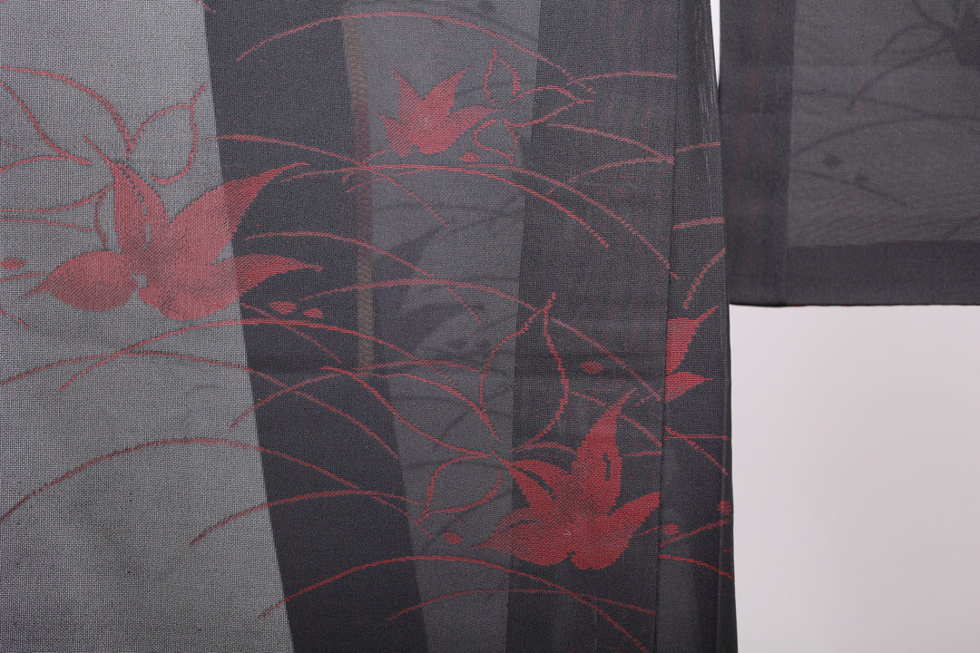 Vintage Black Silk Haori Jacket with Pink Lapel Decorated with Red Leaves