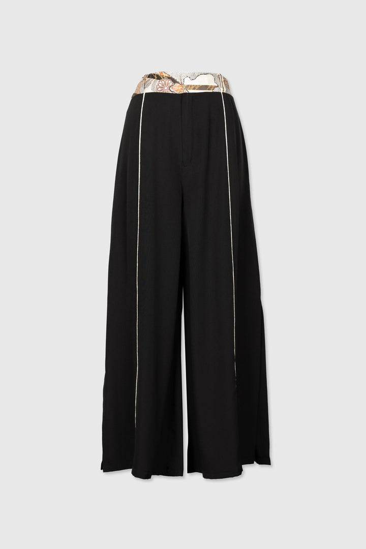 Black Palazzo Silk Trousers with White Piping & Side Slits | Yū