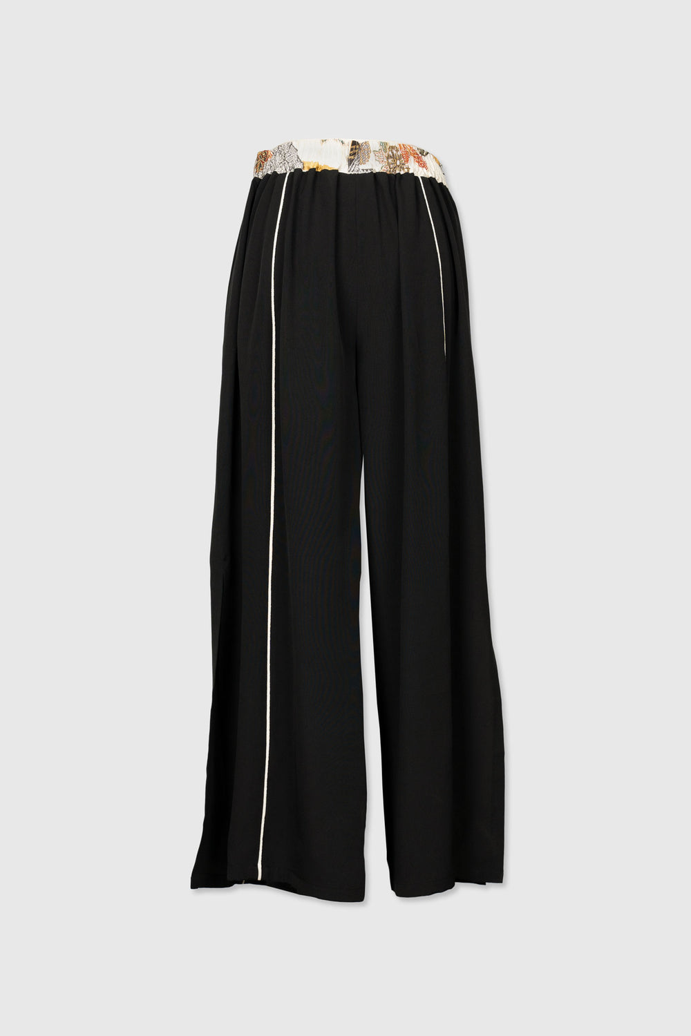 Black Palazzo Silk Trousers with White Piping & Side Slits | Yū