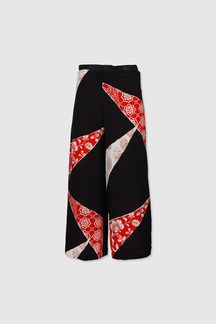 Black Silk Straight Pants with Designs