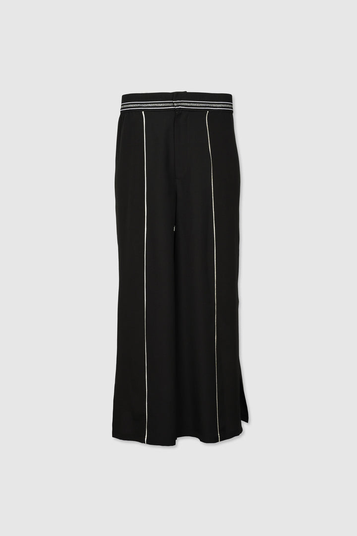 Black Silk Trousers with White Piping & Side Slits | Yū