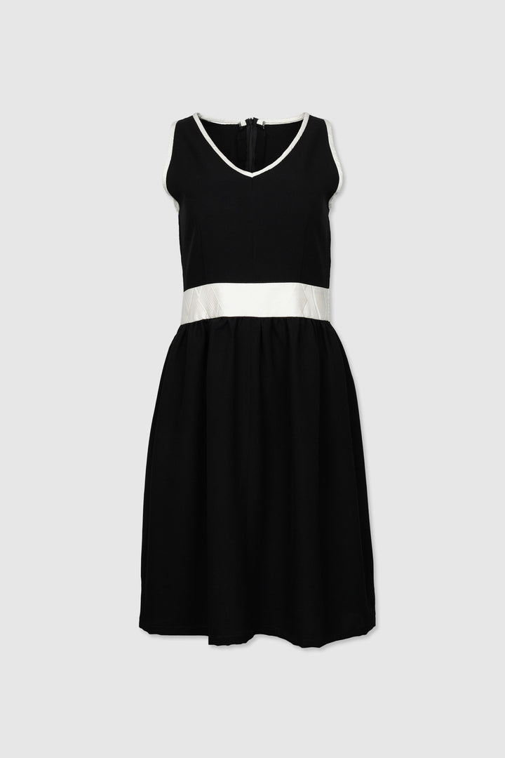 Black Sleeveless V-Neck Silk Dress with White Waistband & Edging | Ombra Eterna