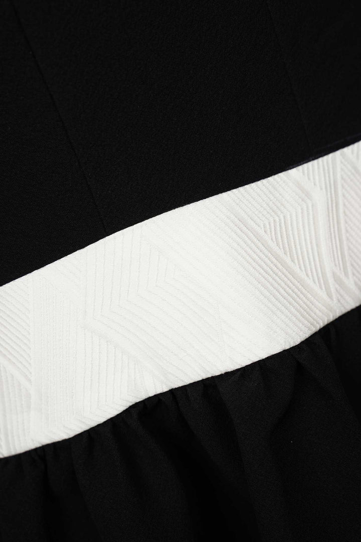 Black Sleeveless V-Neck Silk Dress with White Waistband & Edging | Ombra Eterna