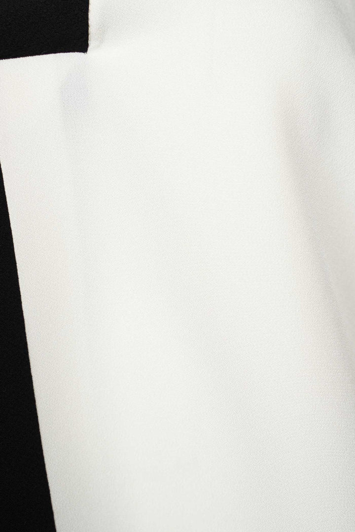 Black & White V-Neck Asymmetrical Silk Blouse with Lapel Collar & Trimming | Haruka