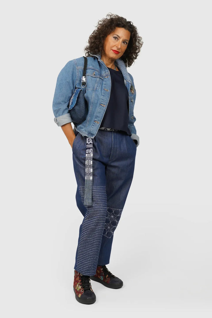 Blue Button Fly Denim with Sashiko Embroidery