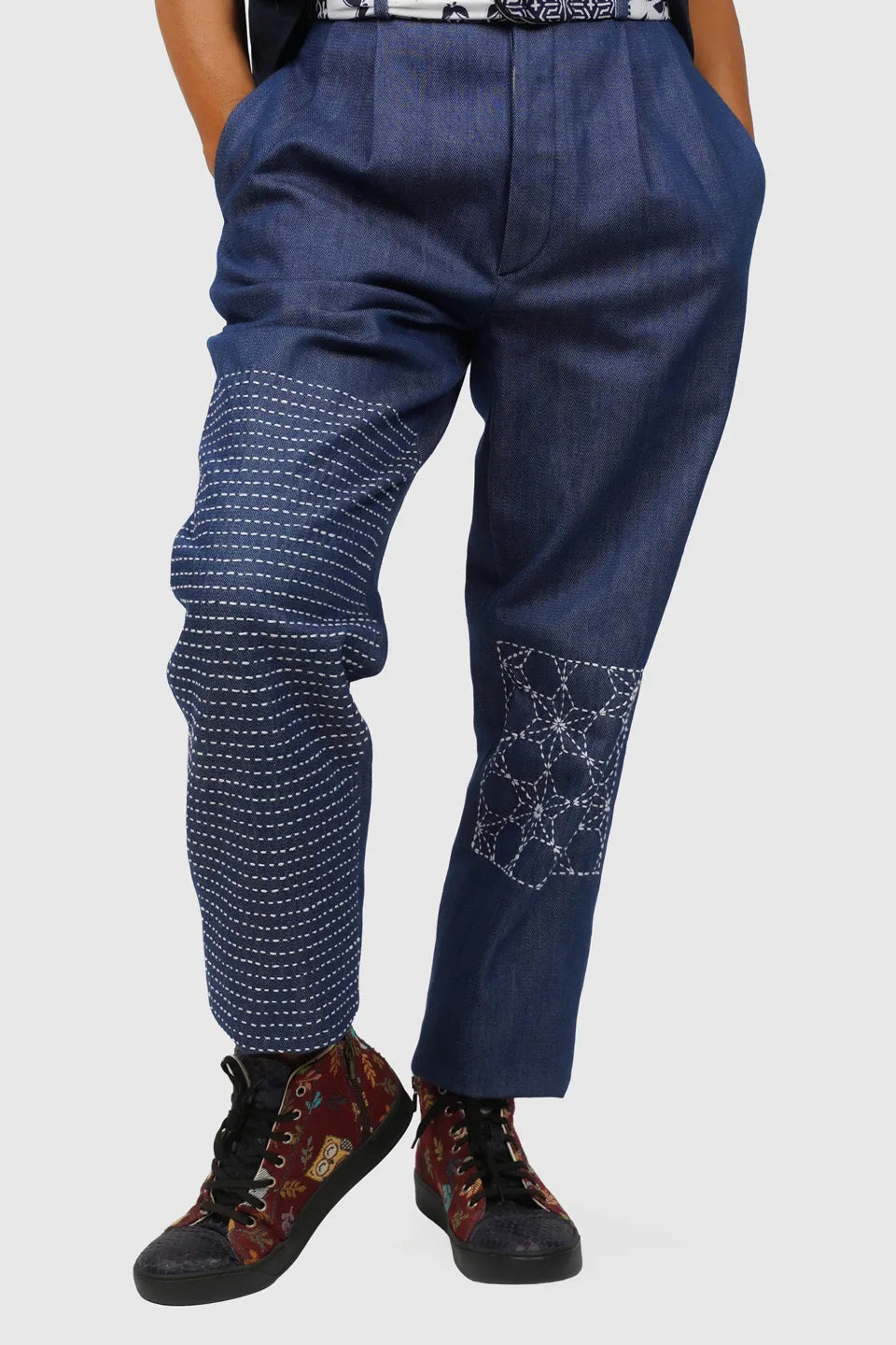 Blue Button Fly Denim with Sashiko Embroidery