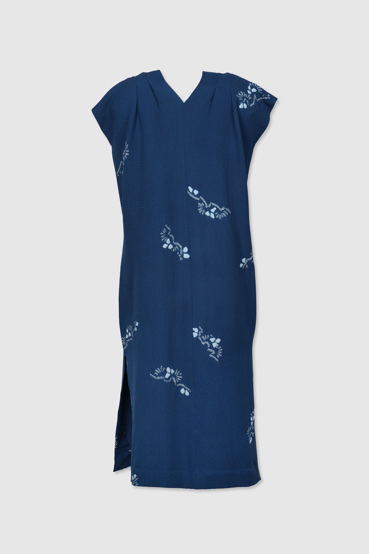 Blue Japanese Mulberry Silk Shift Dress with Shibori Designs | Aoi