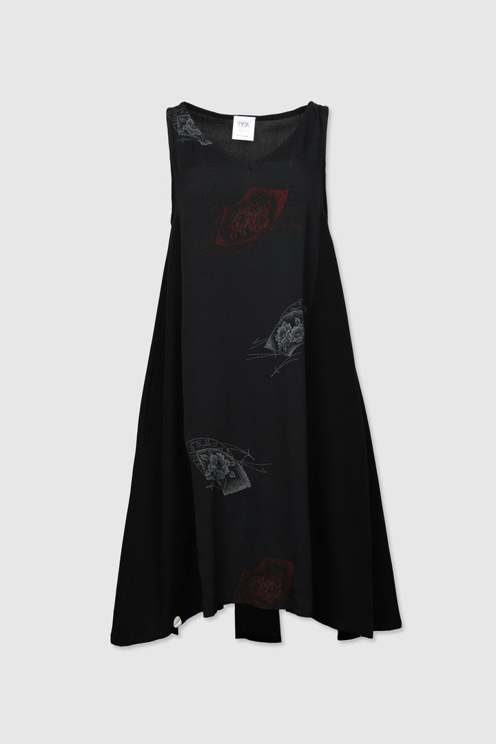 Boat Neck Sleeveless Silk Tent Dress with Designs | Hikari no Yoru