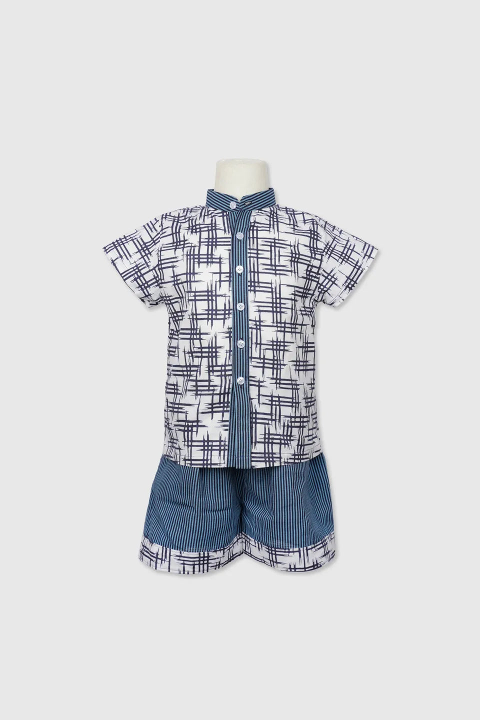 Boy's Mandarin Collar Cotton Short-Sleeved Shirt and Bermuda Shorts Set
