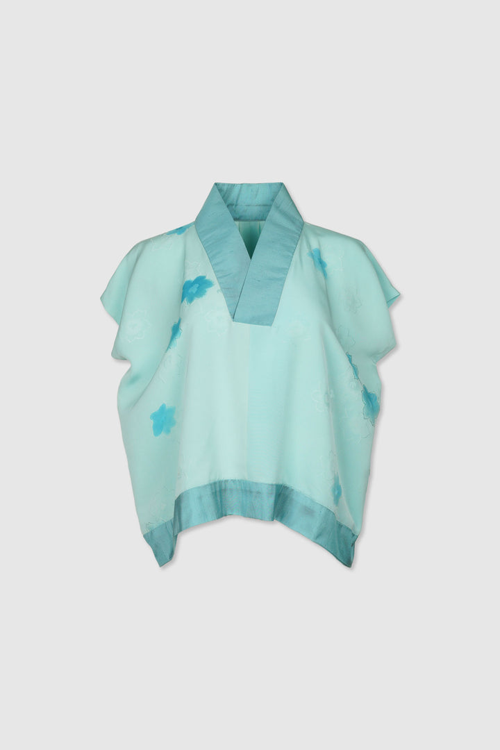 Light Turquoise V-Neck Silk Blouse with Lapel Collar | Haruka