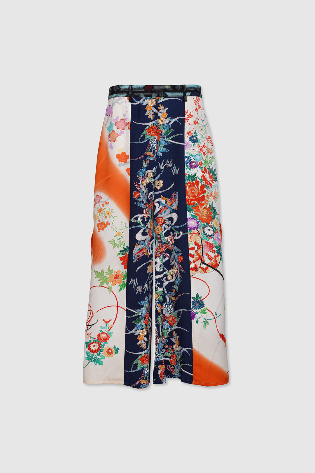 Silk Trousers with Side Slits and Floral/Foliage Designs