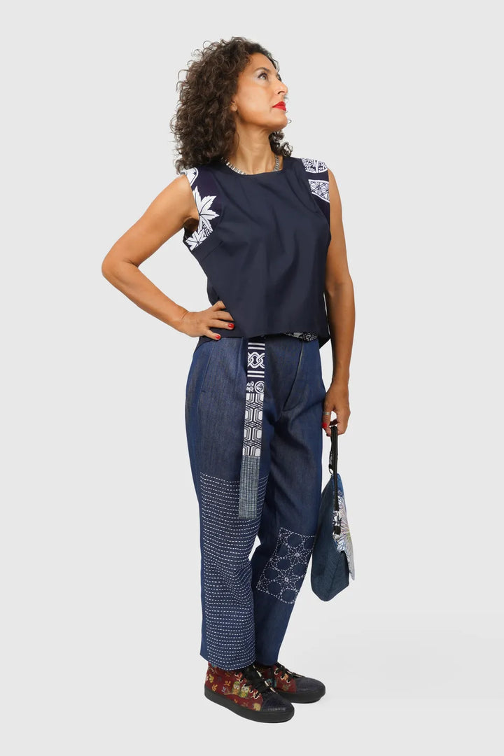 Sleeveless Blue Cotton Top with Patterned Yukata Details