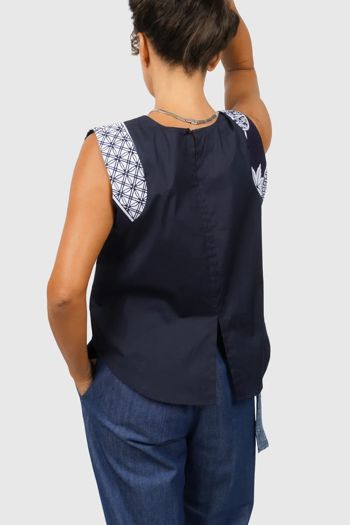 Sleeveless Blue Cotton Top with Patterned Yukata Details
