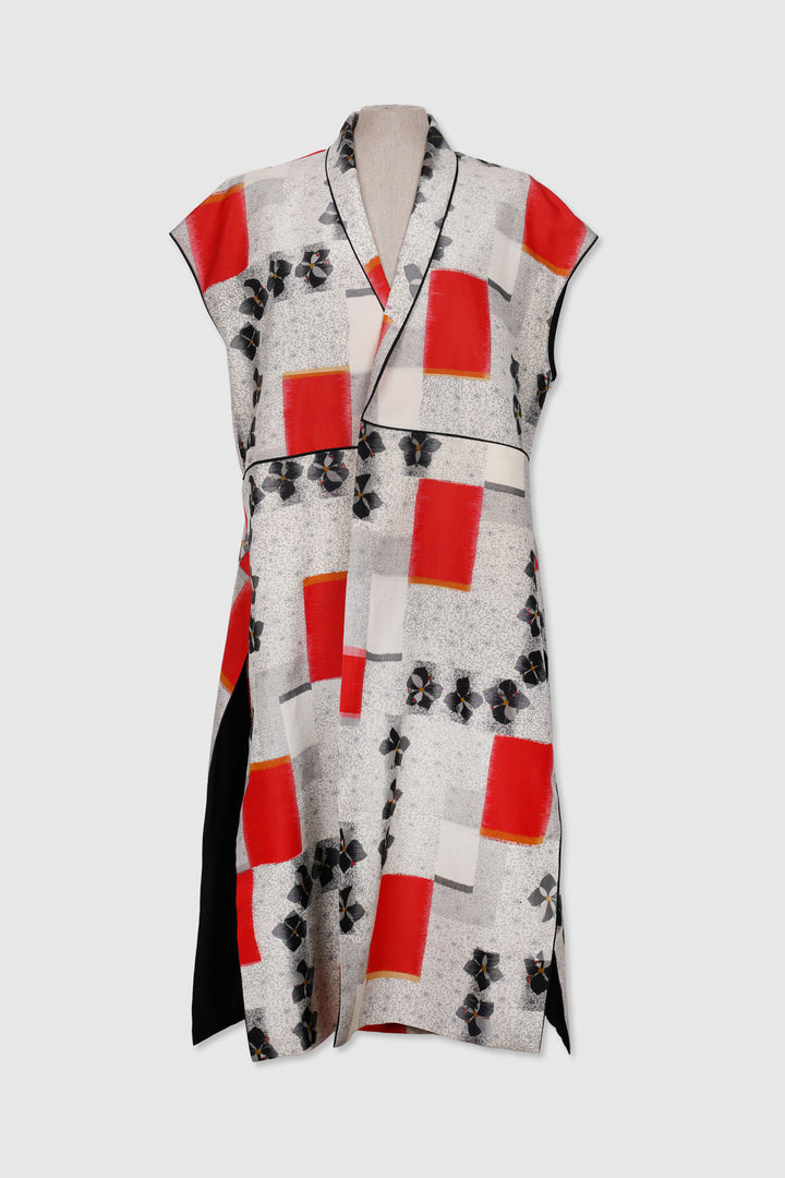 Silk Sleeveless Long Jacket with Side Slits
