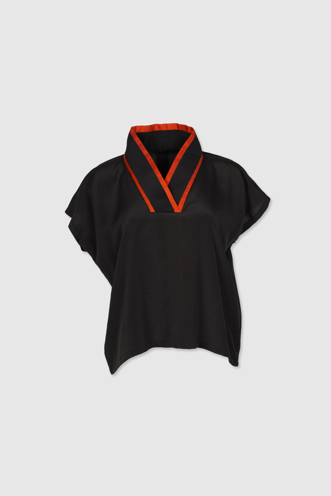 V-Neck Black Silk Blouse with Orange Trimming Lapel