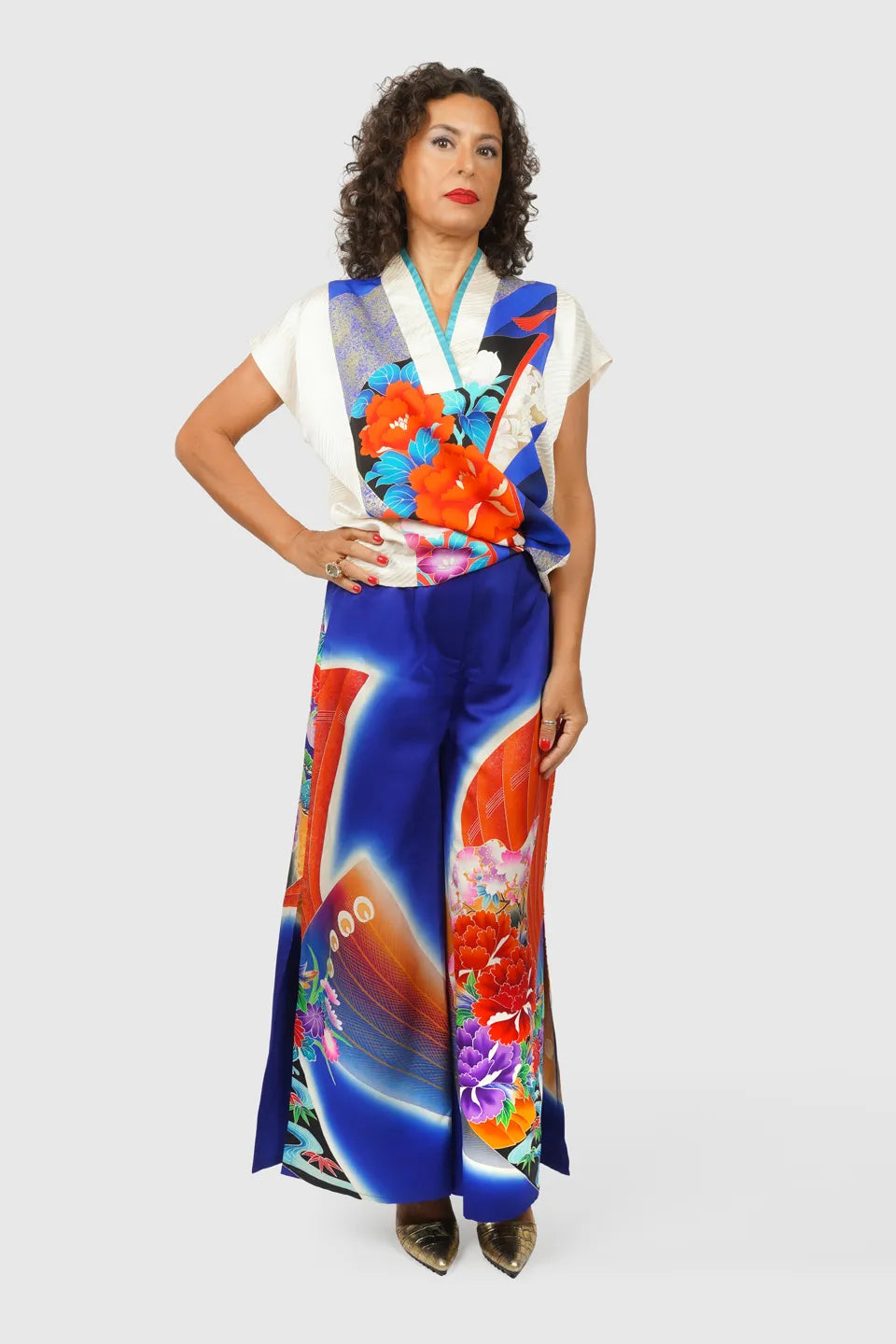 V-Neck Silk Blouse with Floral Motifs & Lapel Collar | Haruka
