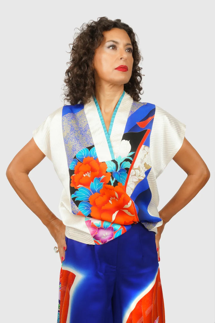 V-Neck Silk Blouse with Floral Motifs & Lapel Collar | Haruka