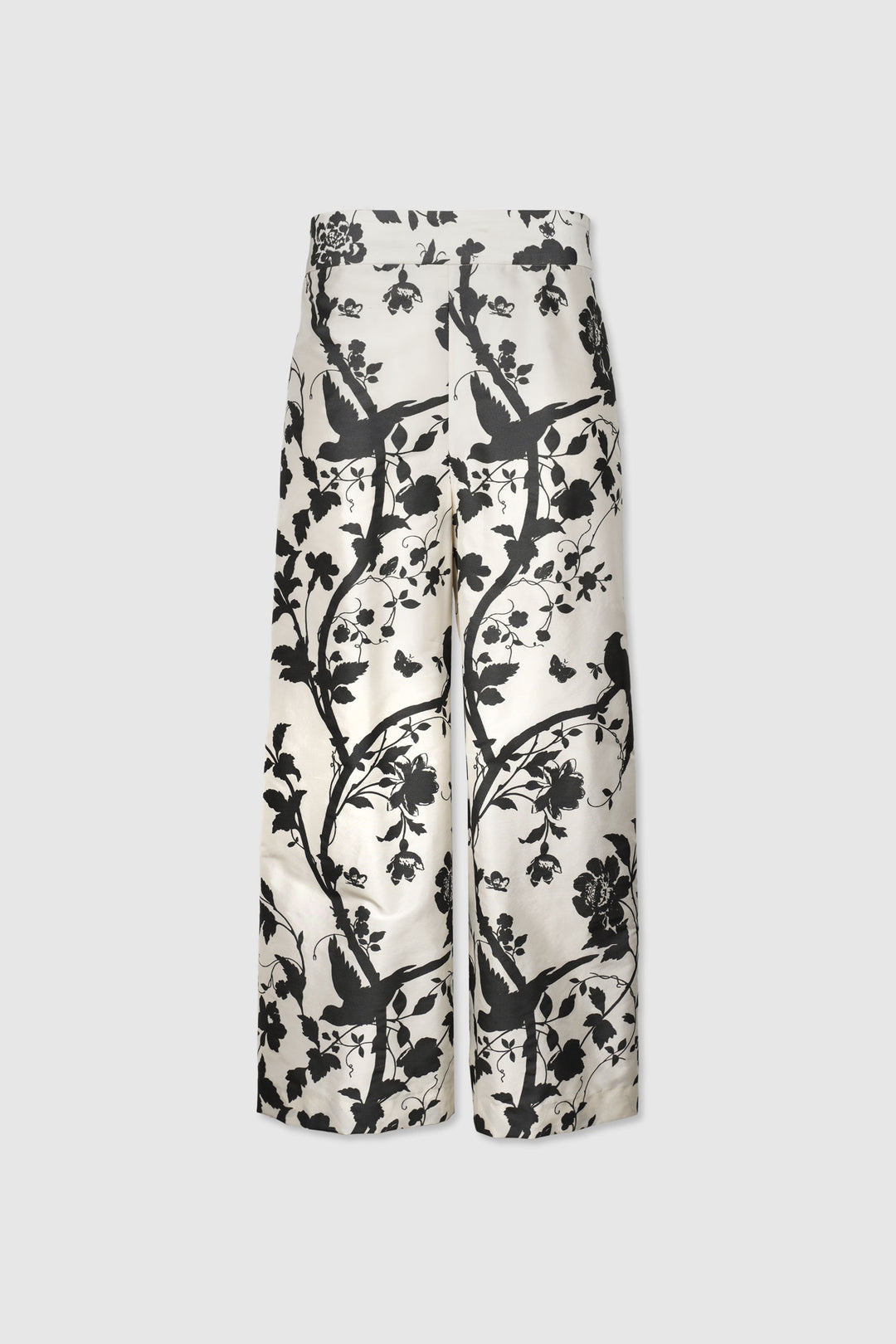 White Silk Straight-Cut Trousers with Black Motifs