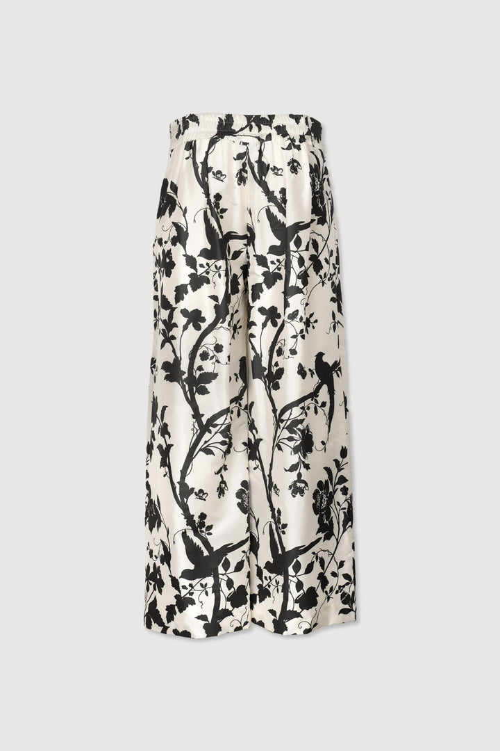 White Silk Straight-Cut Trousers with Black Motifs