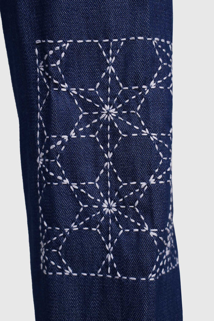 Blue Button Fly Denim with Sashiko Embroidery