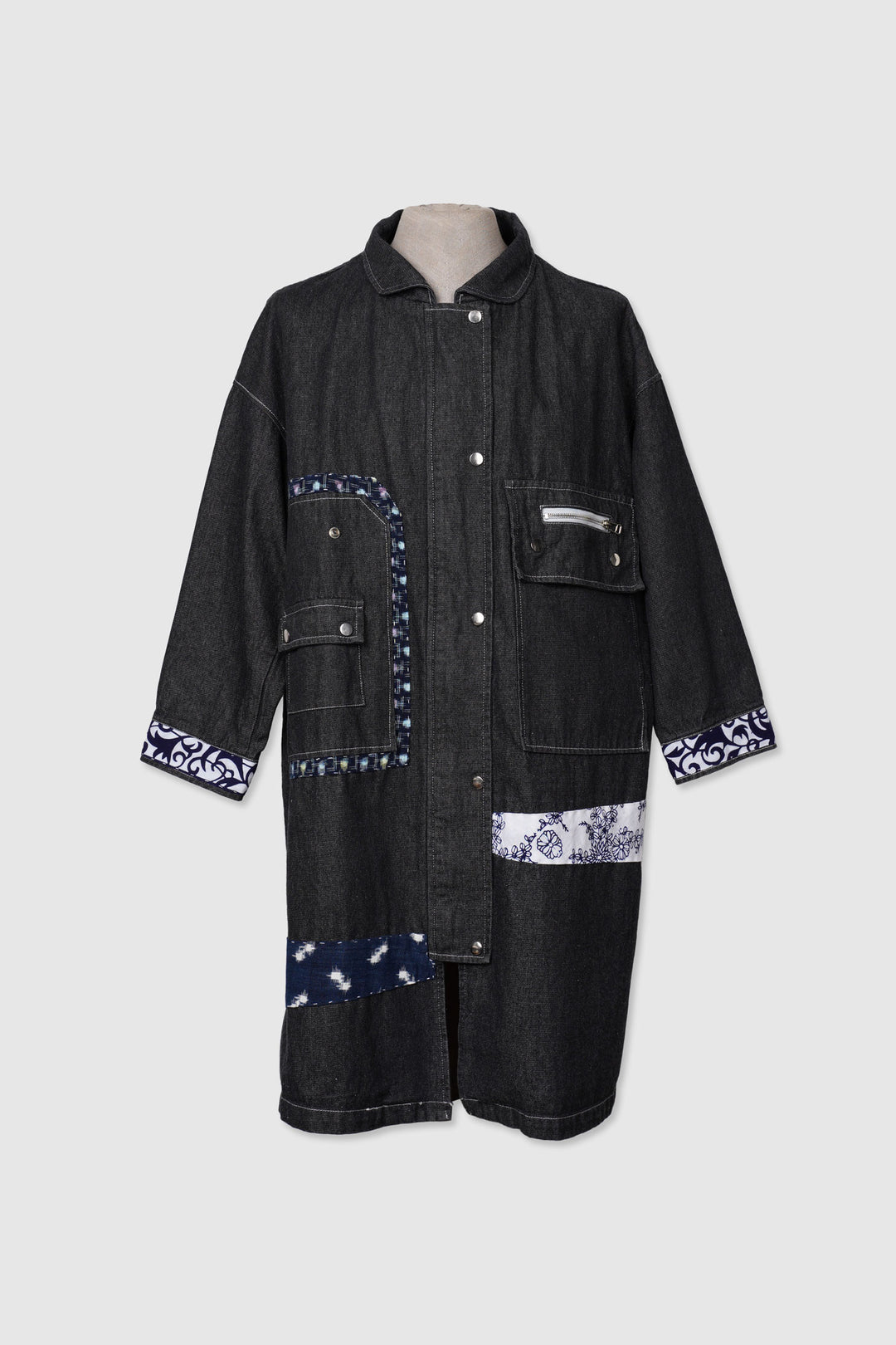 Denim Jacket with Japanese Vintage Yukata and Kasuri Detailing