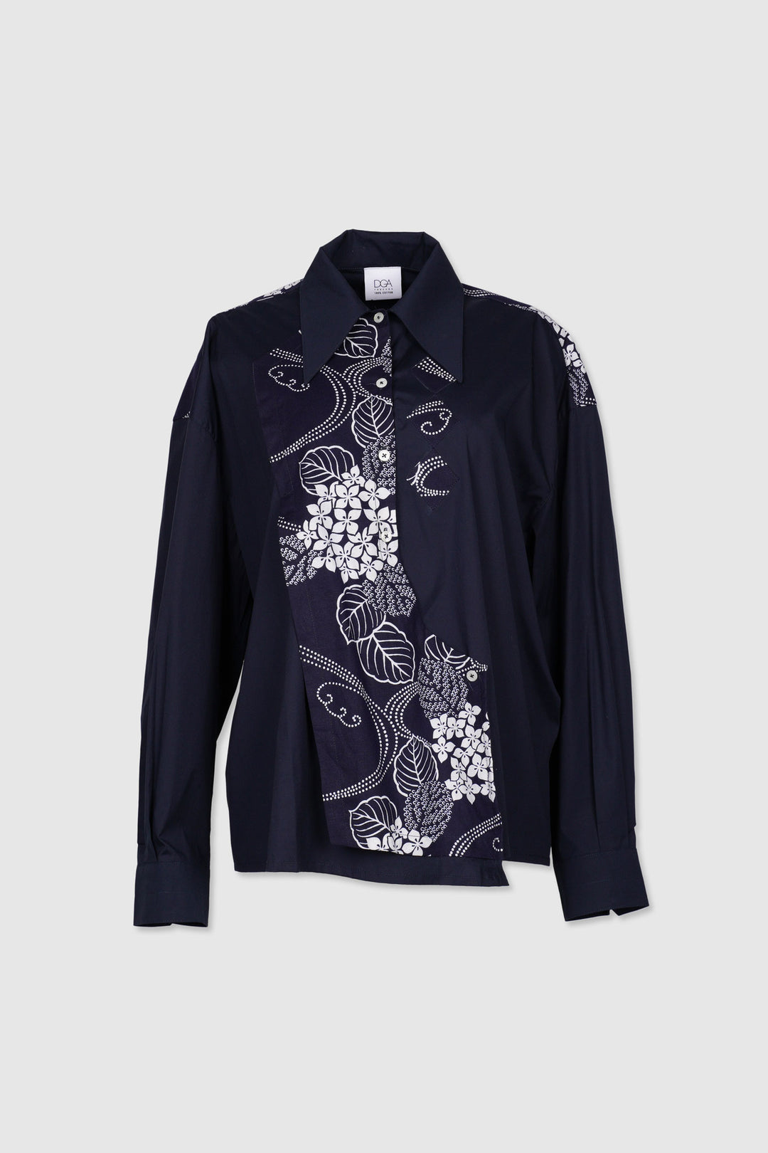 Long Sleeves Semi-Wrap Cotton Shirt with Floral Yukata Details