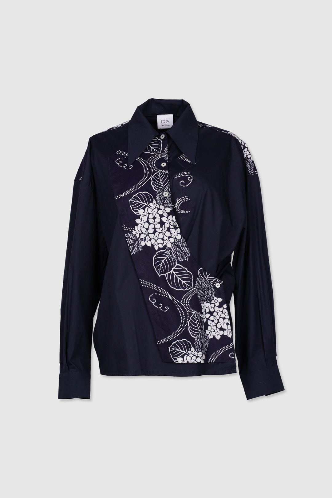 Long Sleeves Semi-Wrap Cotton Shirt with Floral Yukata Details