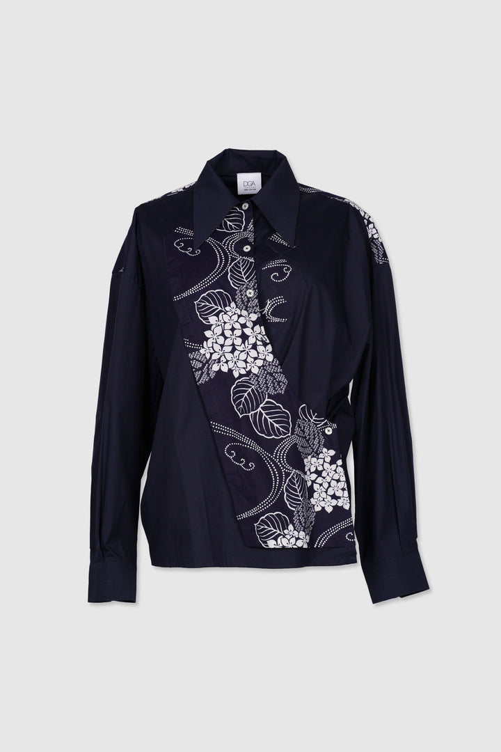 Long Sleeves Semi-Wrap Cotton Shirt with Floral Yukata Details