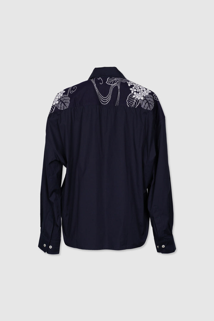 Long Sleeves Semi-Wrap Cotton Shirt with Floral Yukata Details