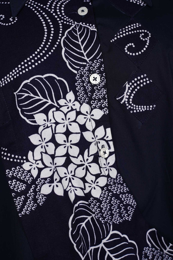 Long Sleeves Semi-Wrap Cotton Shirt with Floral Yukata Details