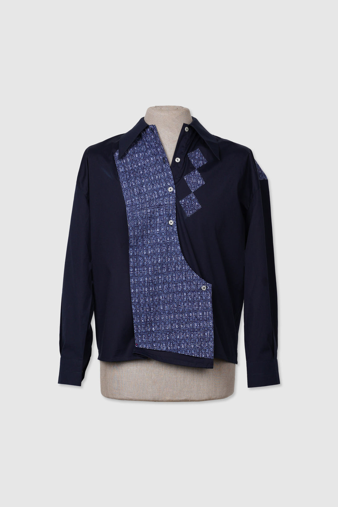 Long Sleeves Semi-Wrap Cotton Shirt with Geometrical Yukata Details
