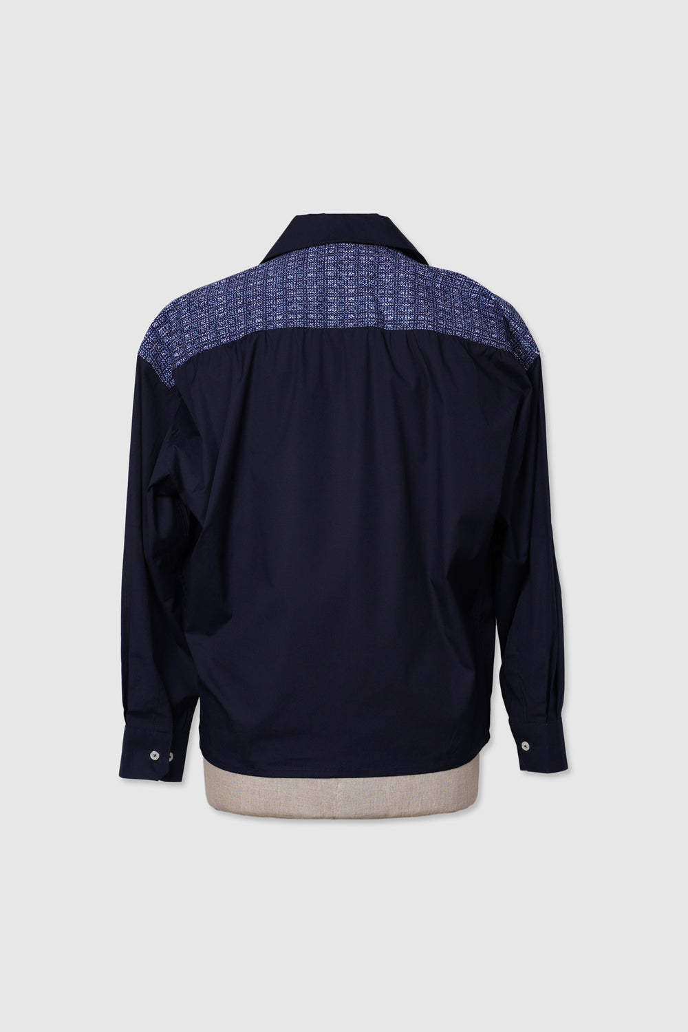 Long Sleeves Semi-Wrap Cotton Shirt with Geometrical Yukata Details