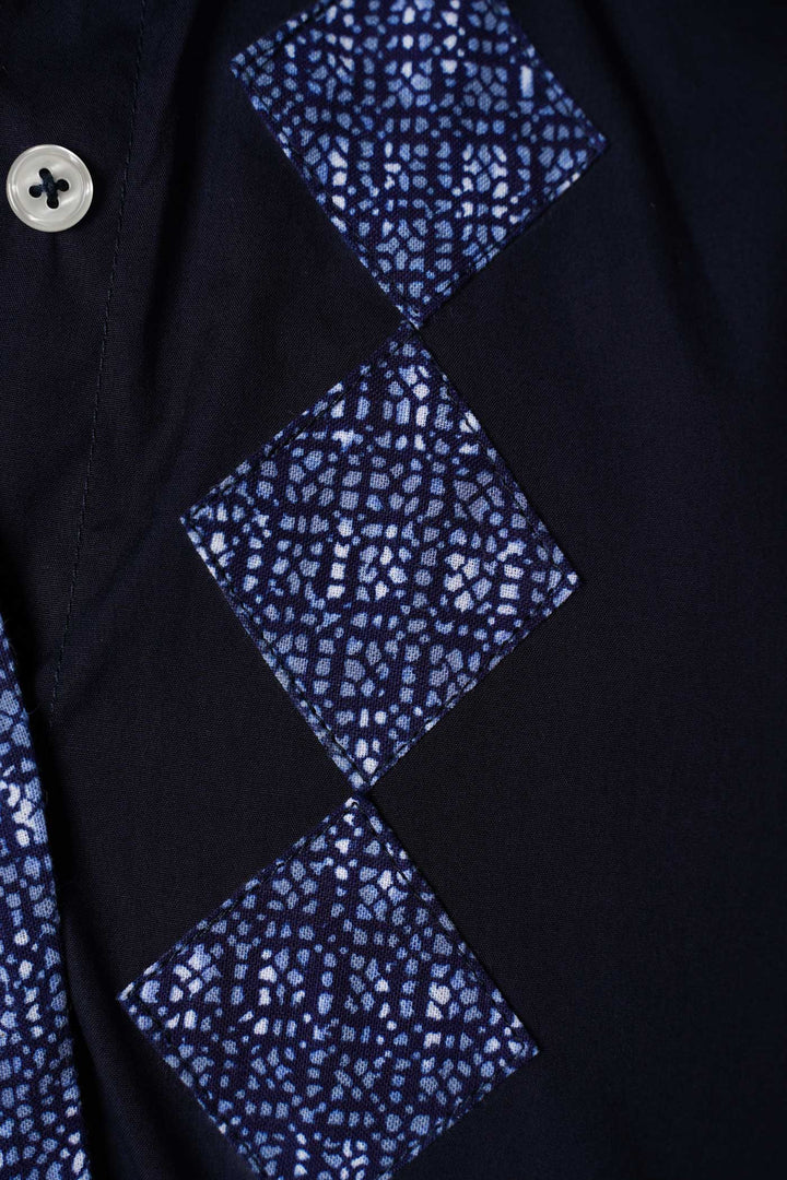 Long Sleeves Semi-Wrap Cotton Shirt with Geometrical Yukata Details