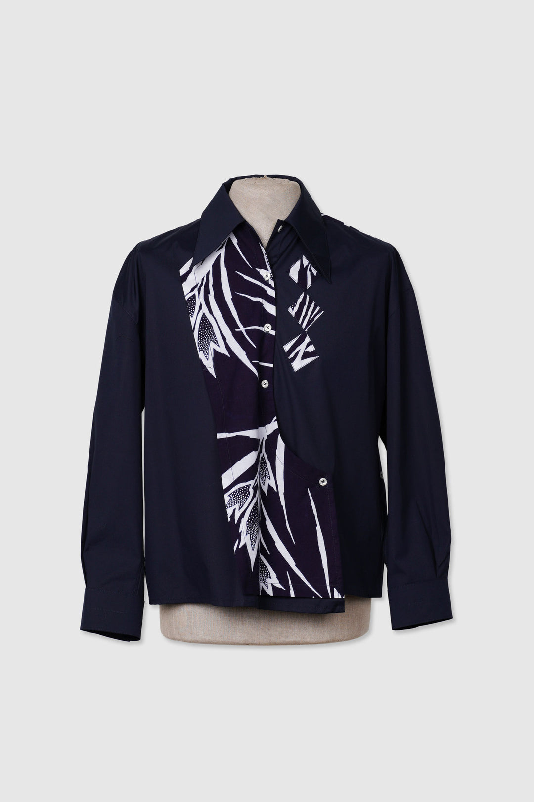 Long Sleeves Semi-Wrap Cotton Shirt with Geometrical Yukata Details