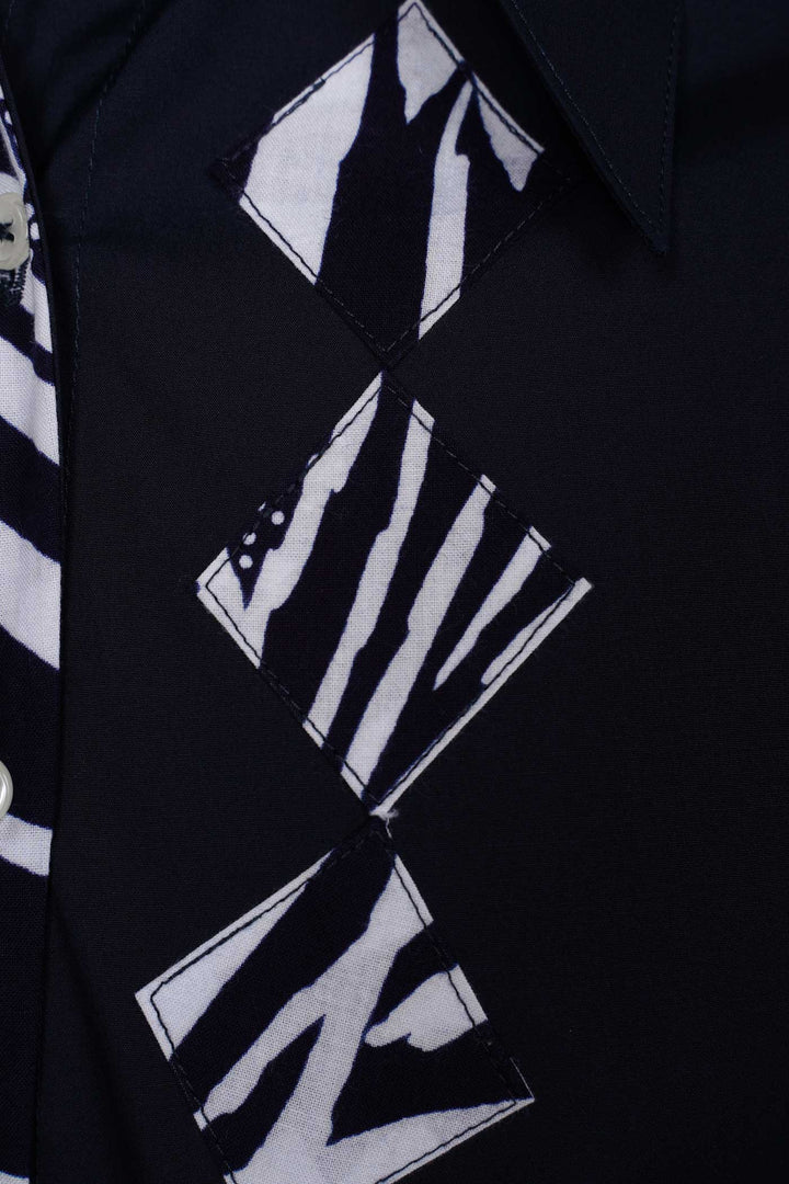 Long Sleeves Semi-Wrap Cotton Shirt with Geometrical Yukata Details