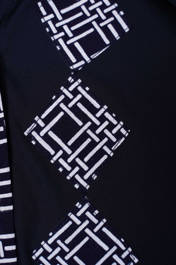 Long Sleeves Semi-Wrap Cotton Shirt with Geometrical Yukata Details