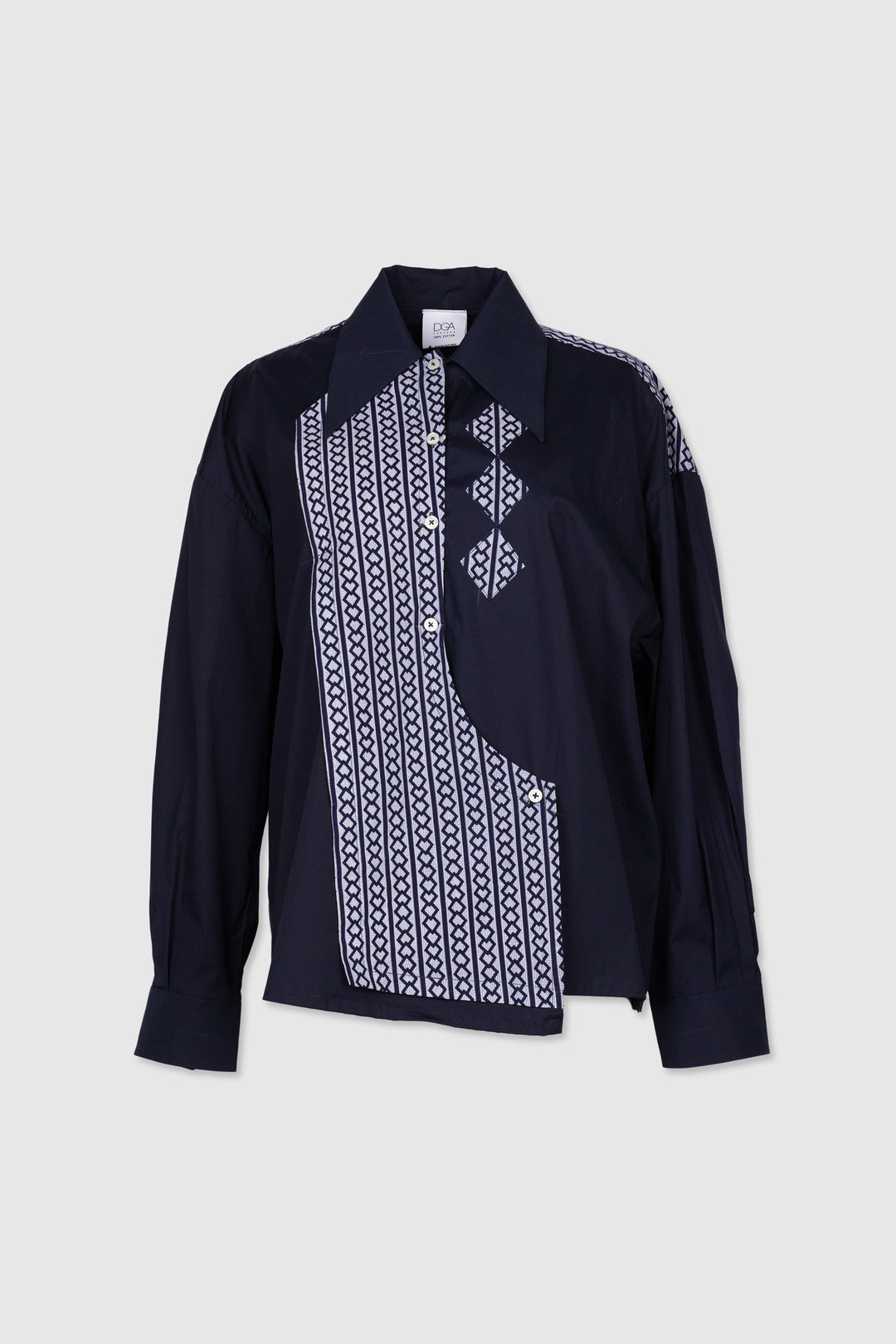 Long Sleeves Semi-Wrap Cotton Shirt with Geometrical Yukata Details