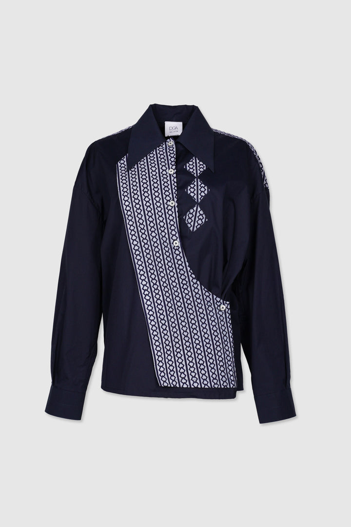 Long Sleeves Semi-Wrap Cotton Shirt with Geometrical Yukata Details