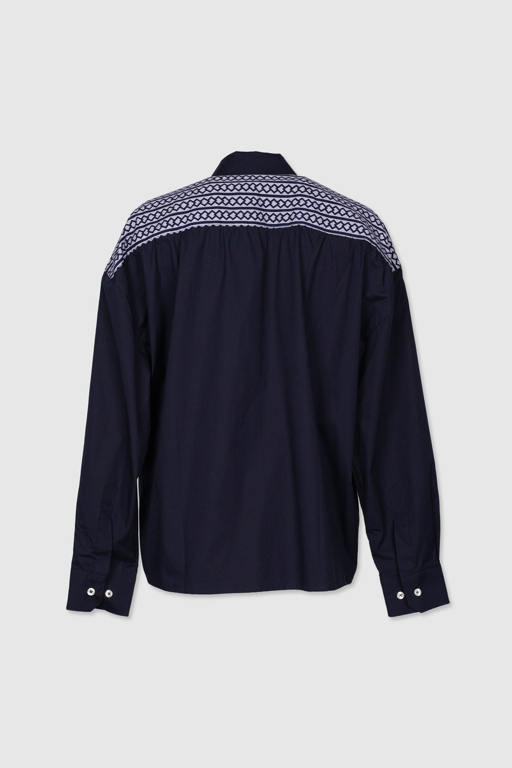 Long Sleeves Semi-Wrap Cotton Shirt with Geometrical Yukata Details