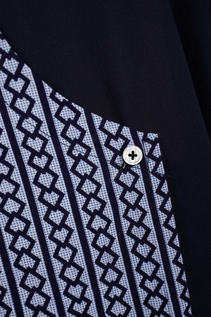 Long Sleeves Semi-Wrap Cotton Shirt with Geometrical Yukata Details