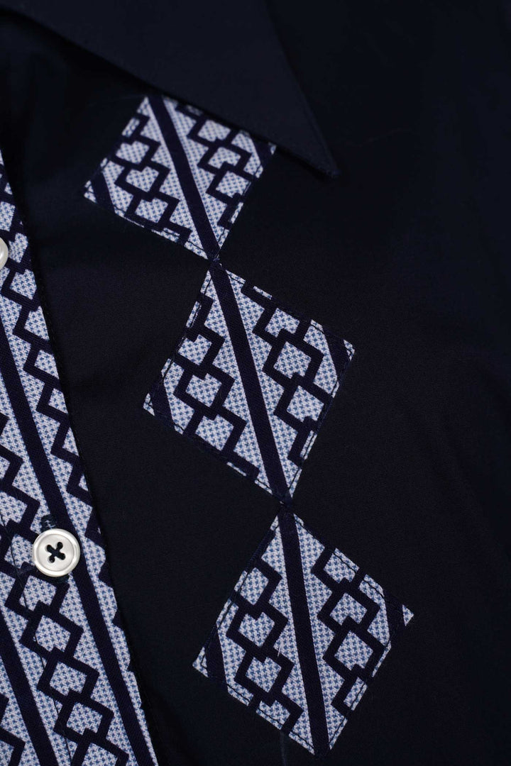 Long Sleeves Semi-Wrap Cotton Shirt with Geometrical Yukata Details