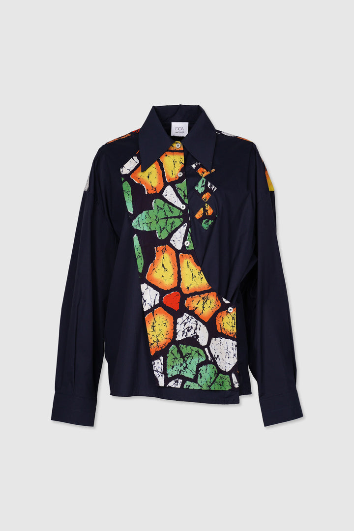Long Sleeves Semi-Wrap Cotton Shirt with Vibrant Yukata Designs