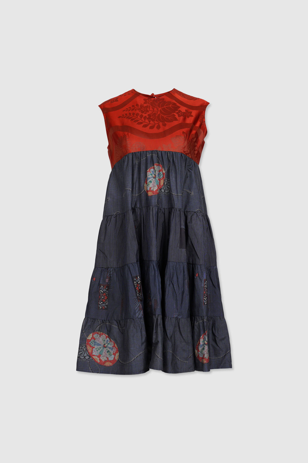 Multi-Panel Silk Trapeze Dress With Pleated Panels of Various Motifs