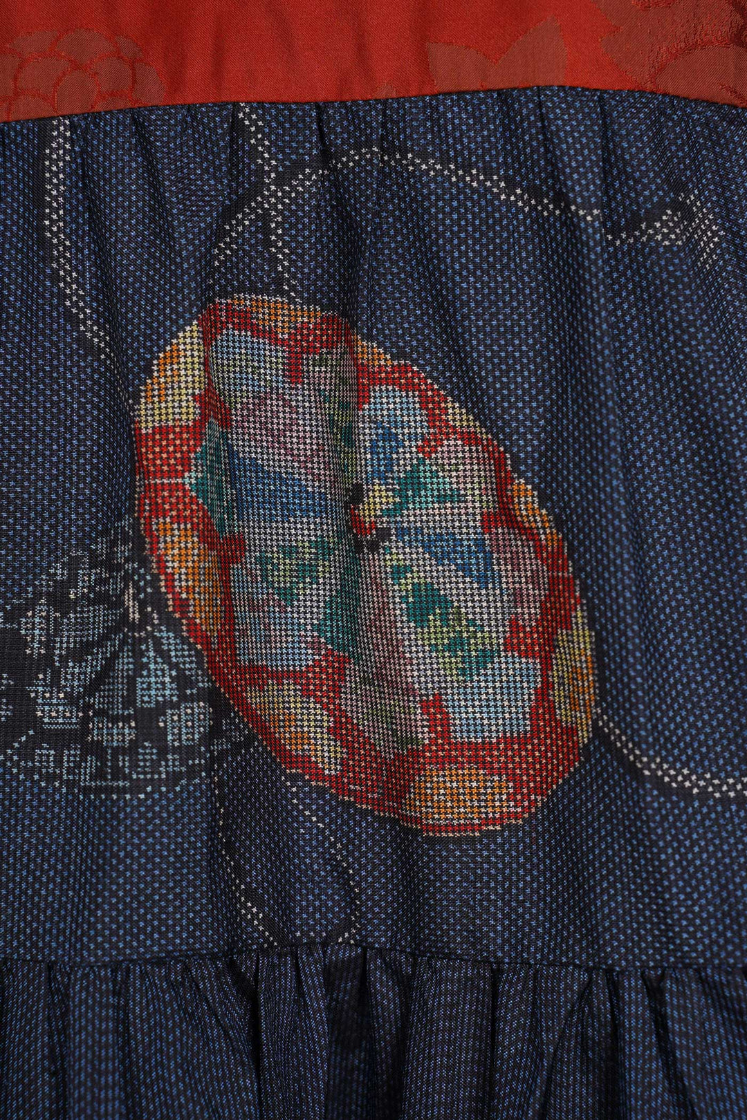 Multi-Panel Silk Trapeze Dress With Pleated Panels of Various Motifs