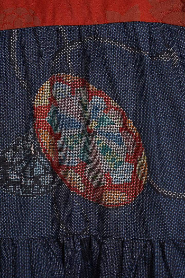 Multi-Panel Silk Trapeze Dress With Pleated Panels of Various Motifs