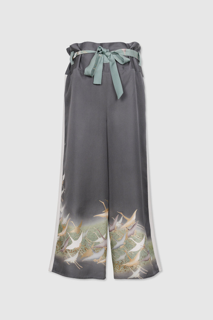 Palazzo Paper-bag Waist Silk Trousers with Crane Designs