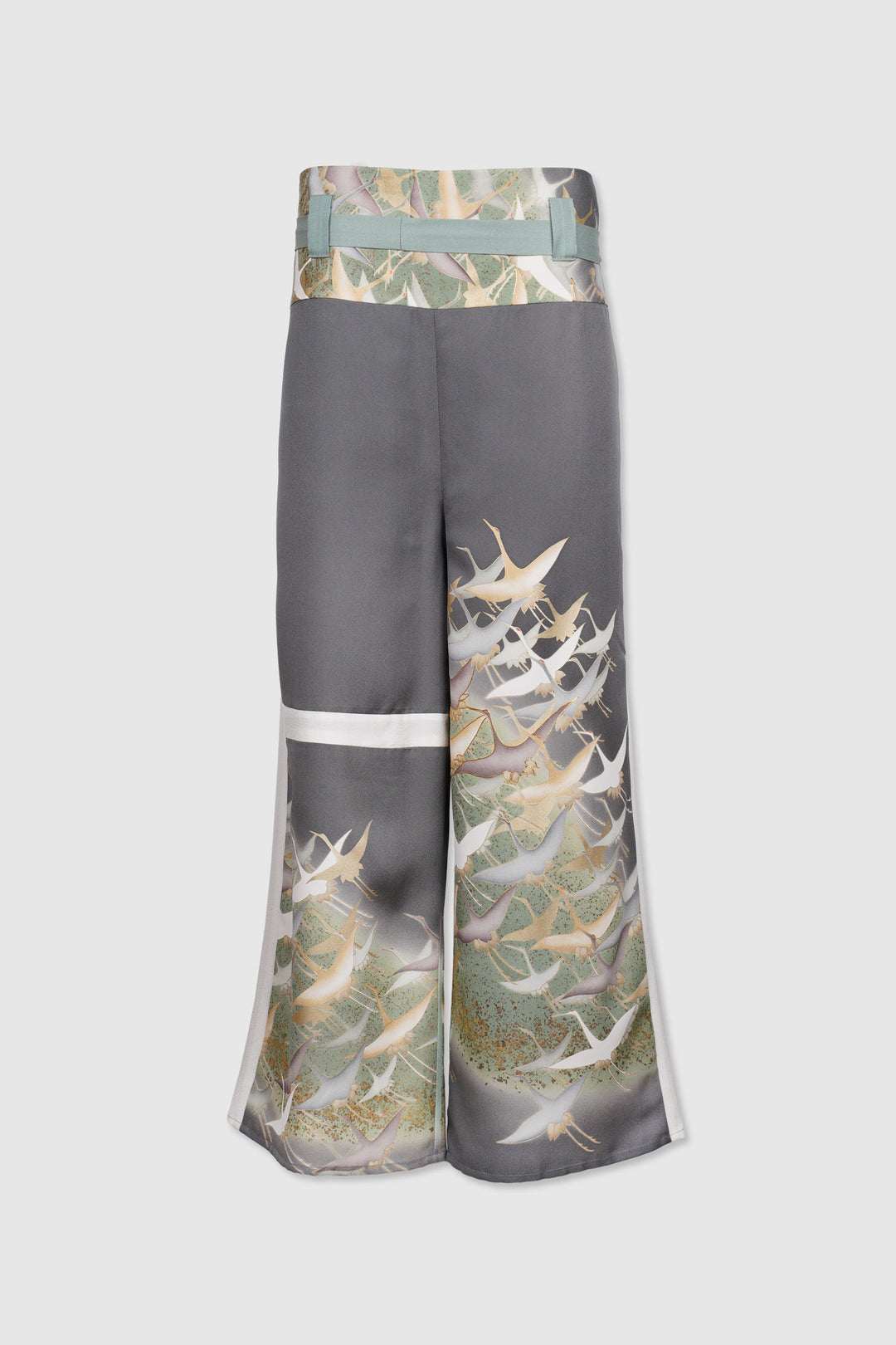 Palazzo Paper-bag Waist Silk Trousers with Crane Designs