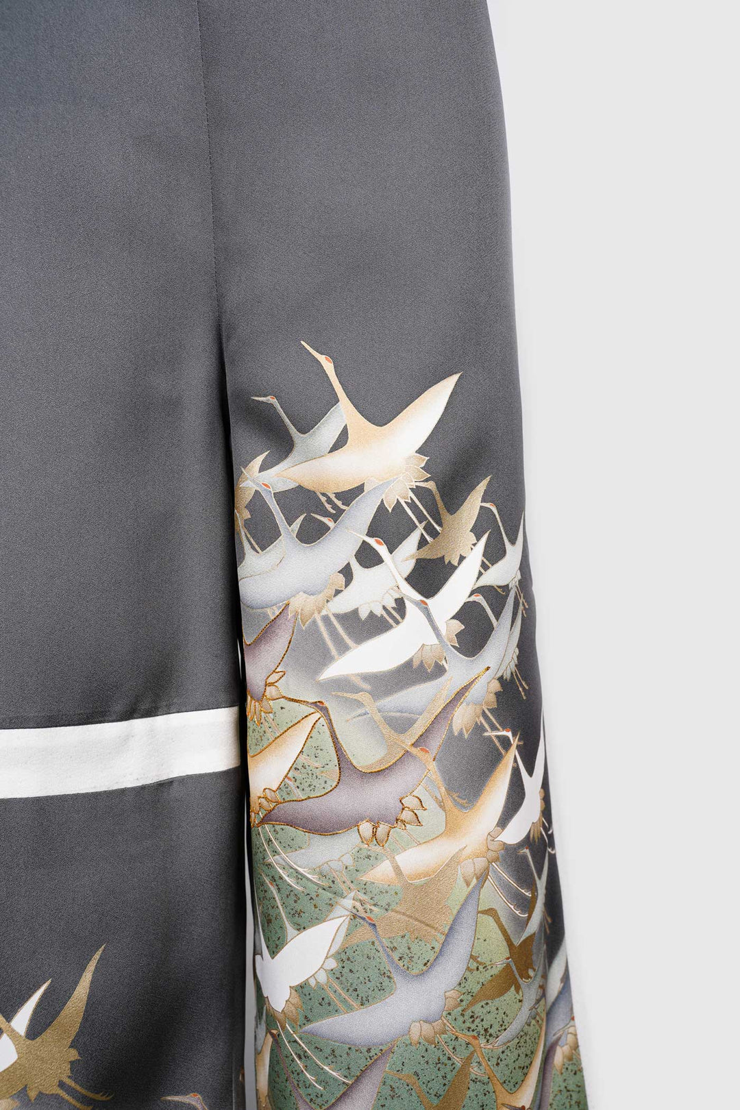 Palazzo Paper-bag Waist Silk Trousers with Crane Designs