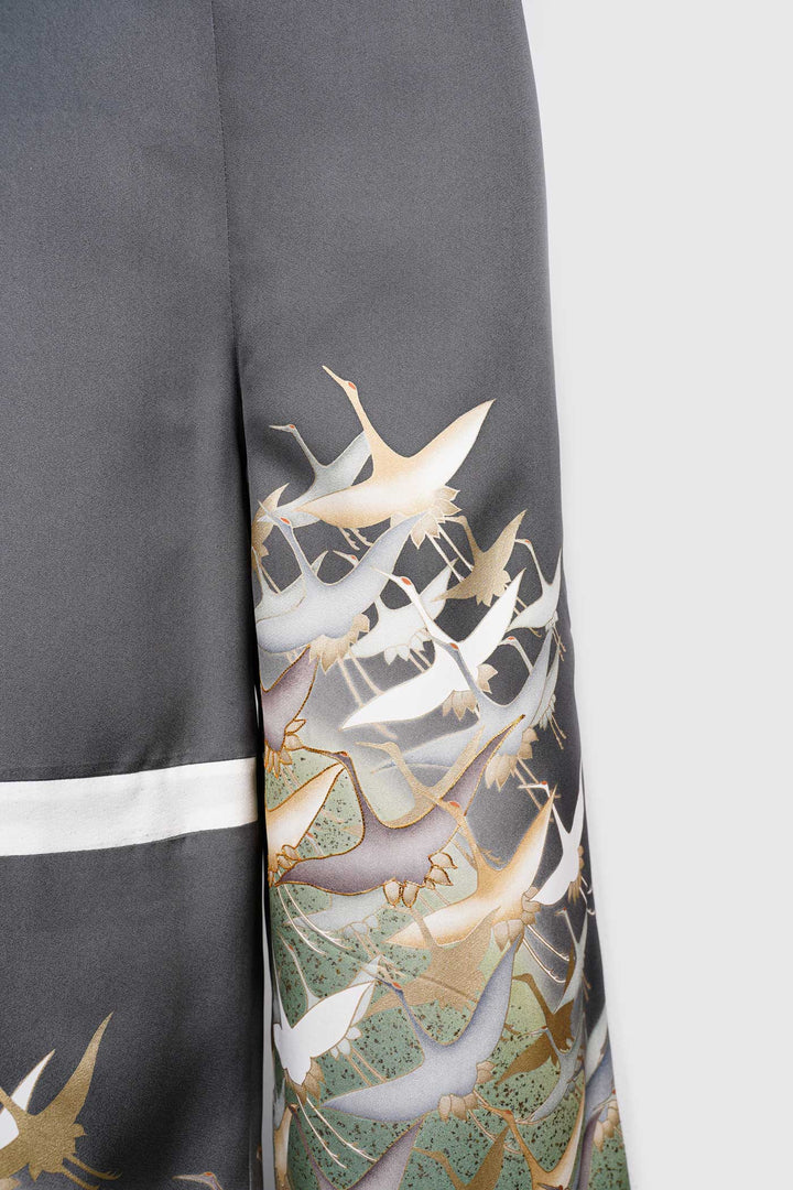 Palazzo Paper-bag Waist Silk Trousers with Crane Designs