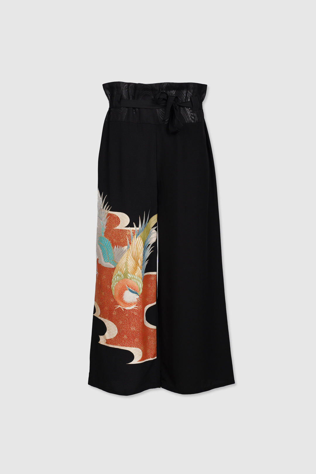 Palazzo Paperbag Waist Silk Trousers With Avian Motif